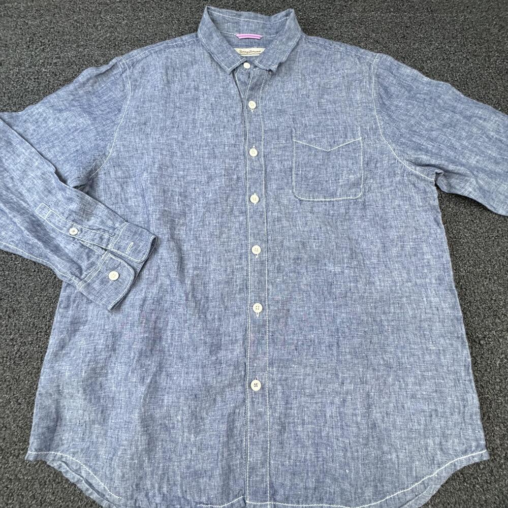 Tommy Bahama Shirt Mens XL Blue Linen Long Sleeve Button Up Pocket Casual